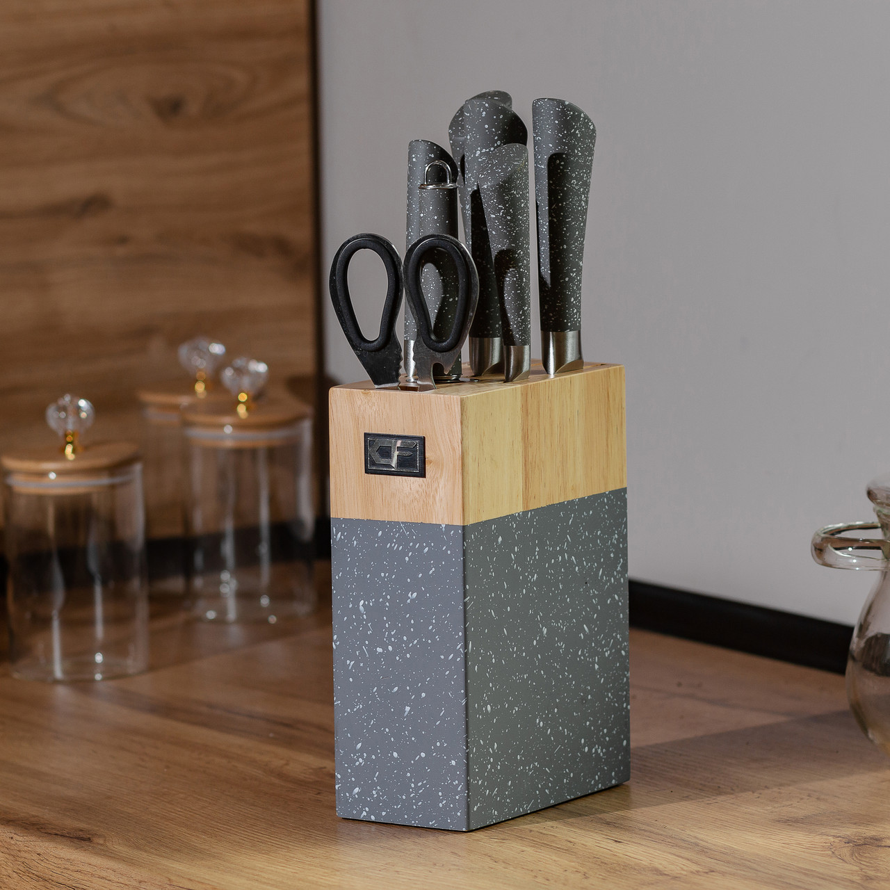 Набір кухонних ножів з ножицями і мусатом для кухні 5 штук 33.5/30/31/24.5/21.5 см сірий HP27479C