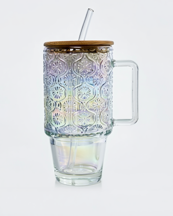 Чашка хамелеон для напоїв з бамбуковою кришкою і скляною трубочкою 750 мл Перламутр HP-19-49N