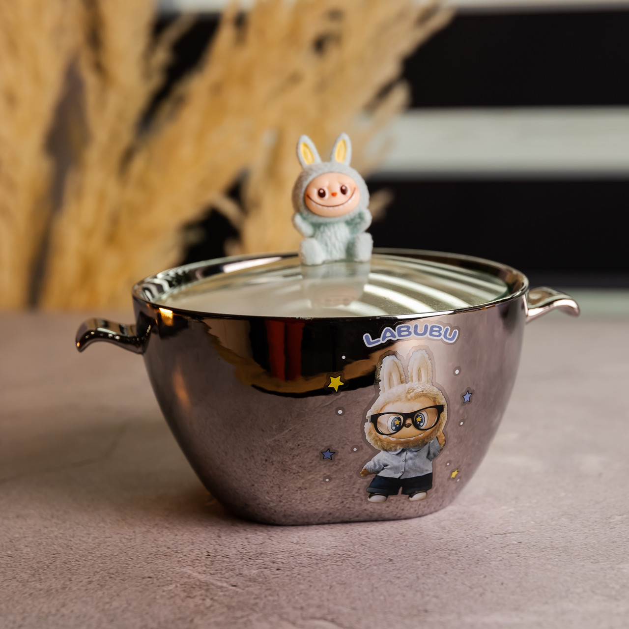 Бульйонниця порцелянова Labubu з кришкою і ручками 800 (мл) Ø15 (см) Сріблястий з блакитним FM-34D