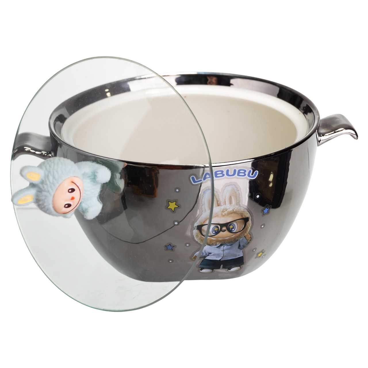 Бульйонниця порцелянова Labubu з кришкою і ручками 800 (мл) Ø15 (см) Сріблястий з блакитним FM-34D