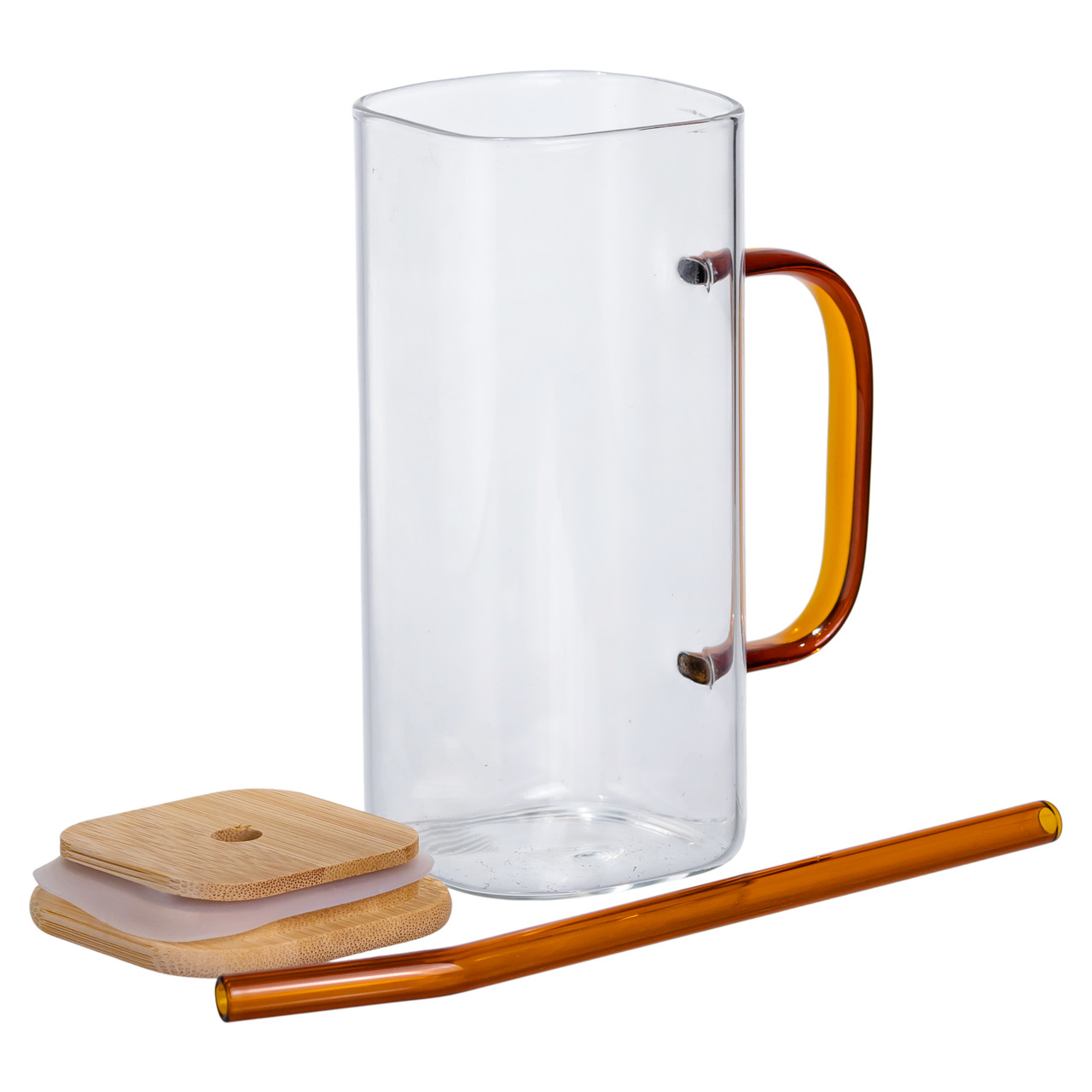 Скляна чашка 400 мл з бамбуковою кришкою і золотистою трубочкою HP-19-146GOLD