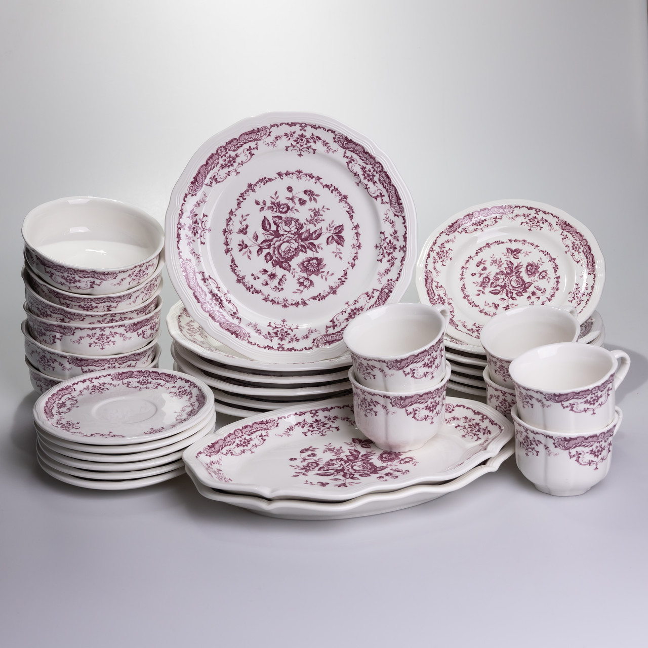Столовий набір посуду тарілок і чашок 32 предмети на 6 персон «Бордовий Меандр» порцеляновий YY78-3A