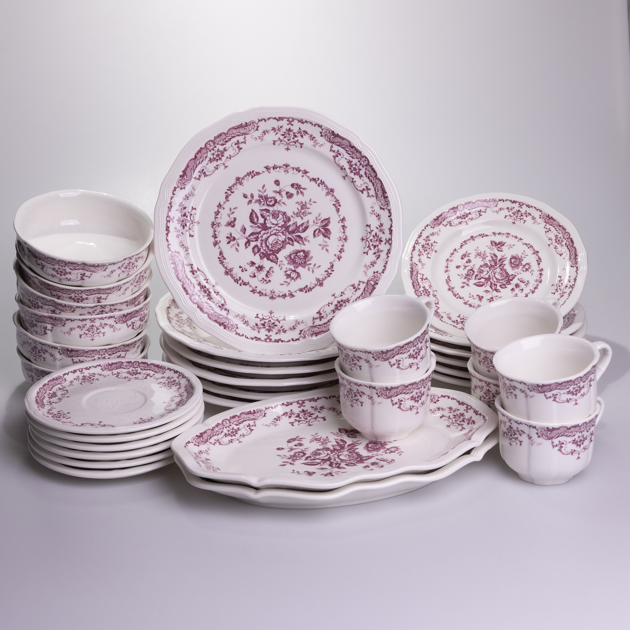 Столовий набір посуду тарілок і чашок 32 предмети на 6 персон «Бордовий Меандр» порцеляновий YY78-3A