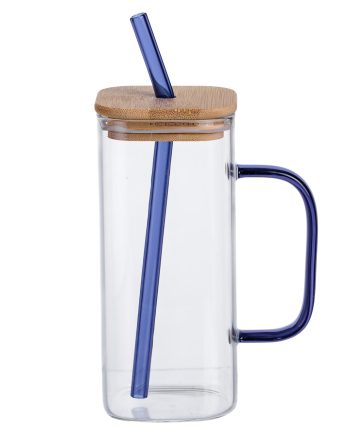 Скляна чашка 400 мл з бамбуковою кришкою і синьою трубочкою HP-19-146BL