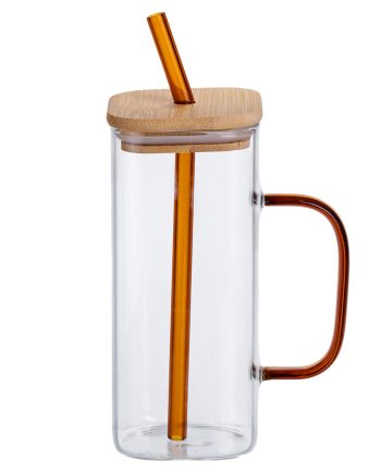 Скляна чашка 400 мл з бамбуковою кришкою і золотистою трубочкою HP-19-146GOLD