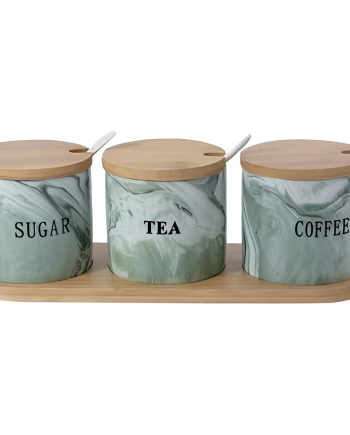 Набір керамічних банок для сипучих продуктів на підставці (3 шт.) Зелений мармур SCT-661