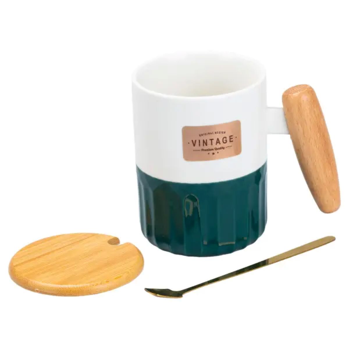 Чашка порцелянова з бамбуковою кришкою та ручкою 400 мл Зелена HP7204GR