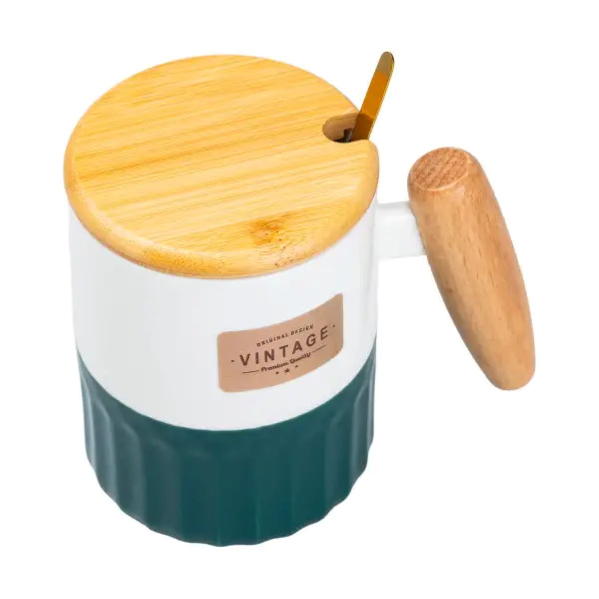 Чашка порцелянова з бамбуковою кришкою та ручкою 400 мл Зелена HP7204GR