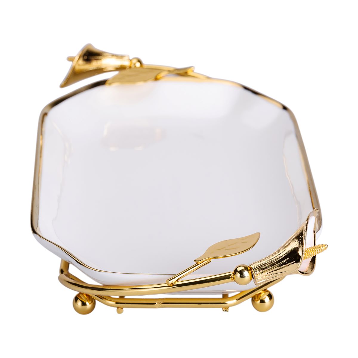 порцелянова фруктовниця на підставці 26×15×3.5 см Біла із золотом HP-7-5