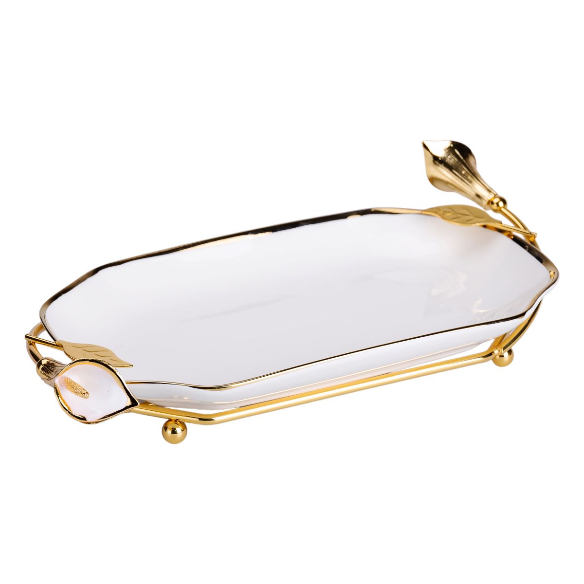 порцелянова фруктовниця на підставці 26×15×3.5 см Біла із золотом HP-7-5