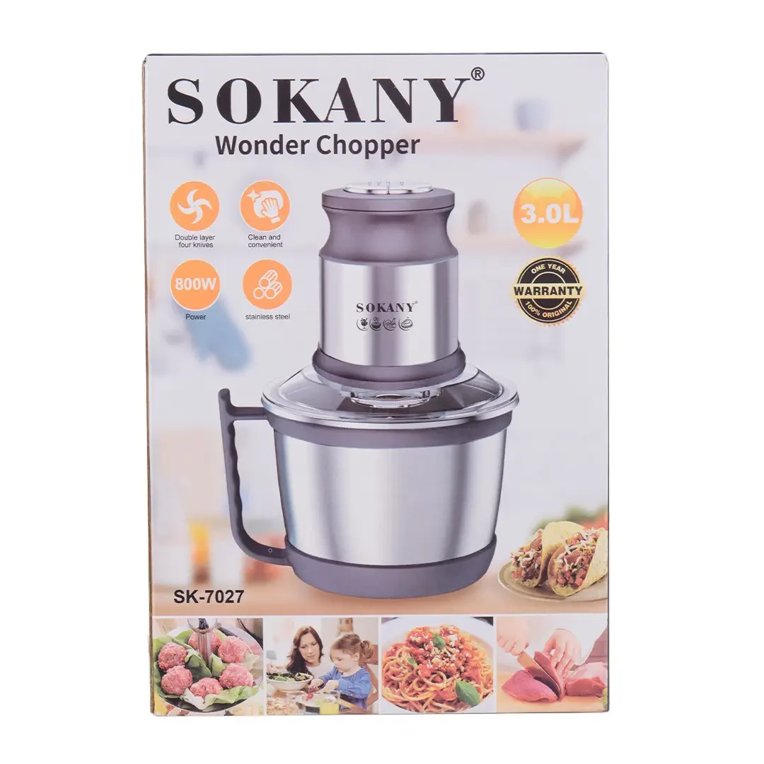 Чопер подрібнювач з чашею 3 літри 4 леза нержавіюча сталь овочерізка Sokany SK-7027