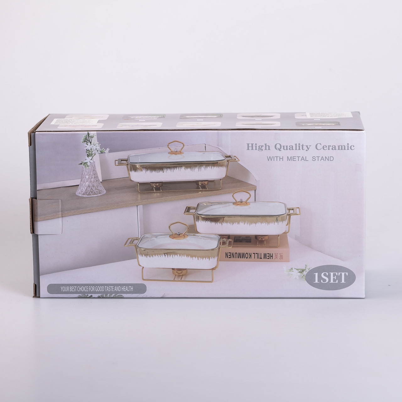 Марміт порцелянаовий із скляною кришкою 38х18.5х15.5 см на металевій підставці 1 л SA1107-S