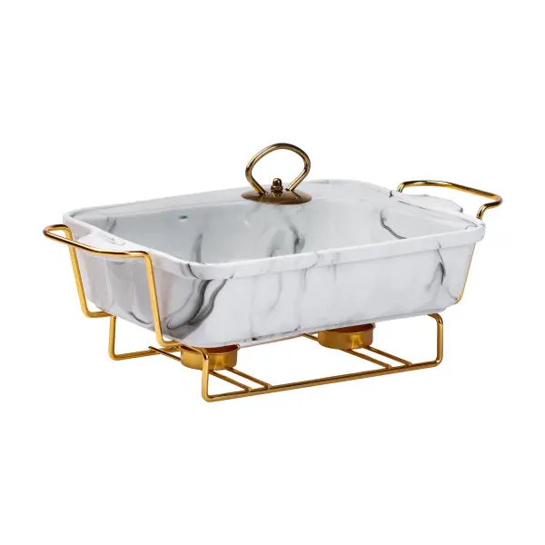 Мармітниця настільна порцелянова 1,5 літра марміт прямокутний 35х19х11,5 см для других страв Мармур білий HP1029