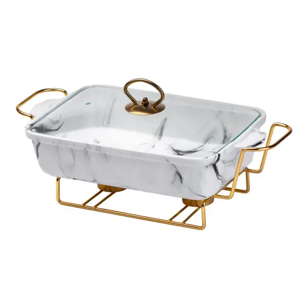 Мармітниця настільна порцелянова 1,5 літра марміт прямокутний 35х19х11,5 см для других страв Мармур білий HP1029