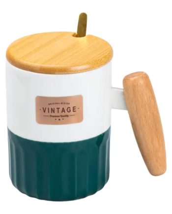 Чашка порцелянова з бамбуковою кришкою та ручкою 400 мл Зелена HP7204GR