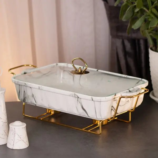 Мармітниця настільна порцелянова 1,5 літра марміт прямокутний 35х19х11,5 см для других страв Мармур білий HP1029