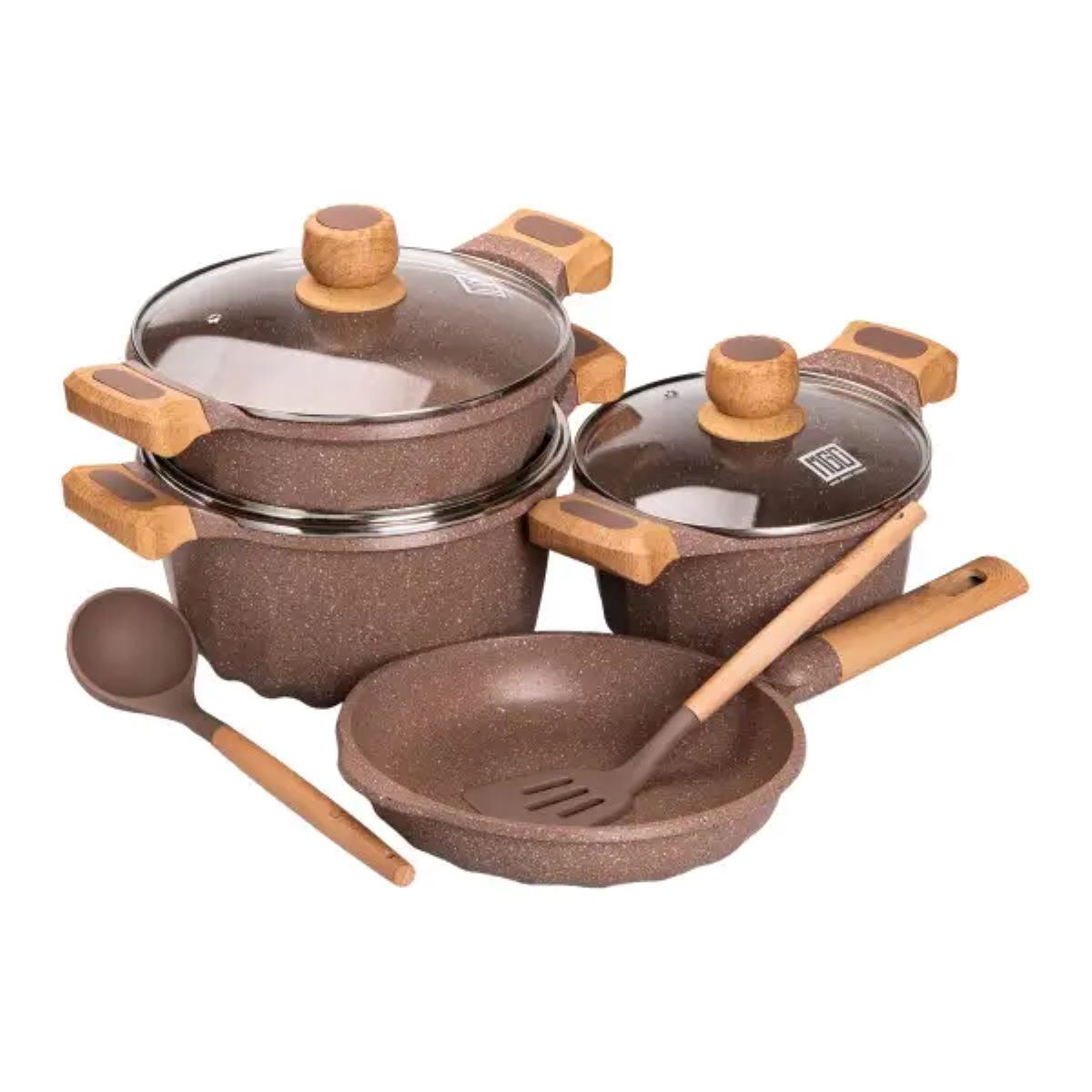 Набір посуду, 3 каструлі, товстодонне алюмінієве дно MGC з лопаткою та ополоником, кавовий HP-4-401CO
