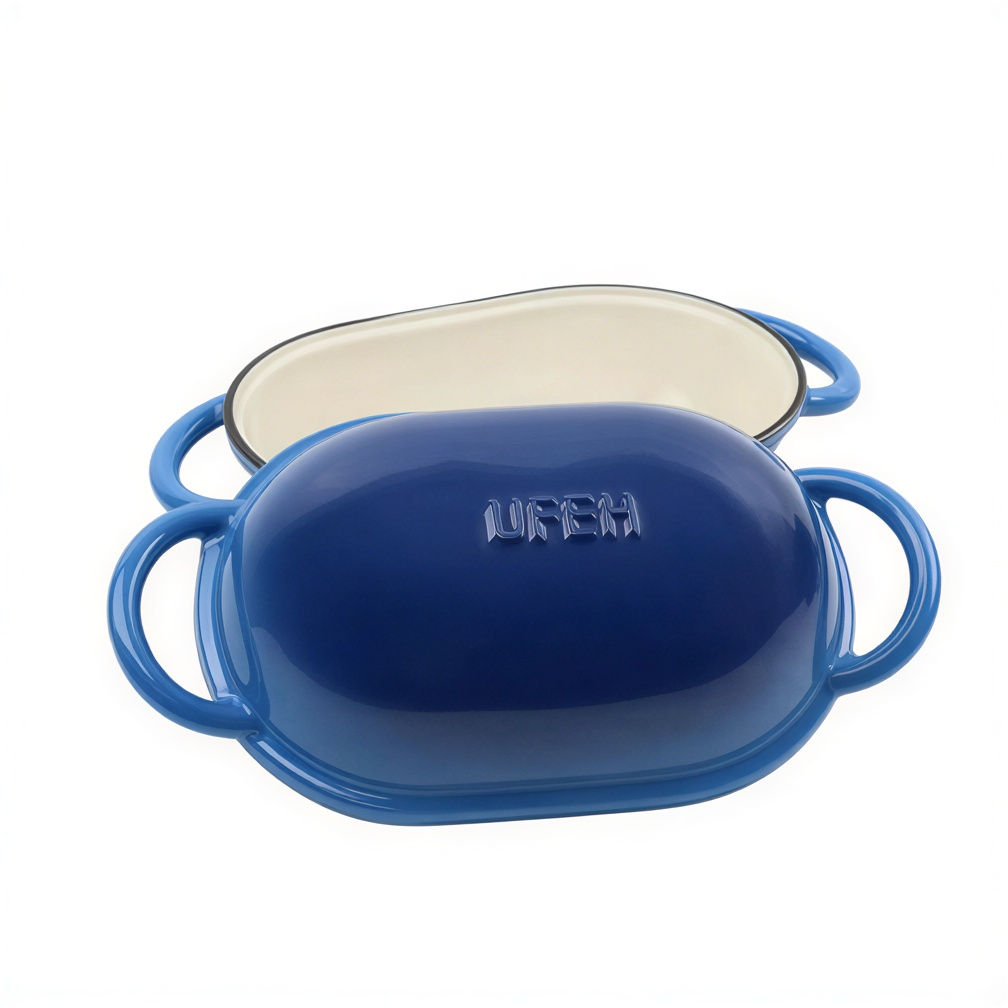Чавунна овальна форма для випікання хліба з кришкою 25×17×15 (см) форма для хліба в духовку Синя HP-1-23-BLUE