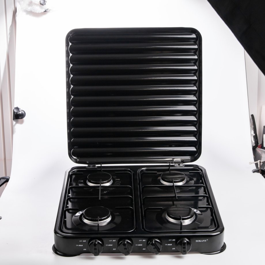 Газова плита настільна Sokany чорна 4 конфорки міні переносна для дачі кемпінгу, портативна газплита туристична SK-6004-Black