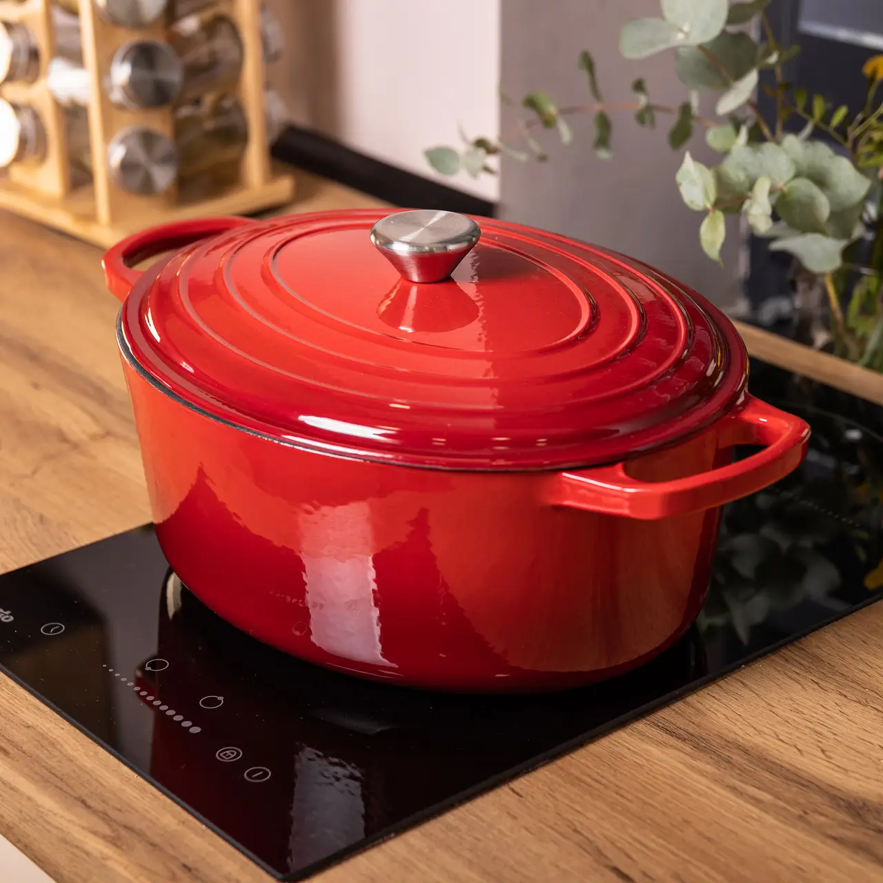 Гусятниця чавунна емальована червона 6 літрів Ø26 см з кришкою, посуд для тушкування запікання всіх типів плит HP-1-10-RED