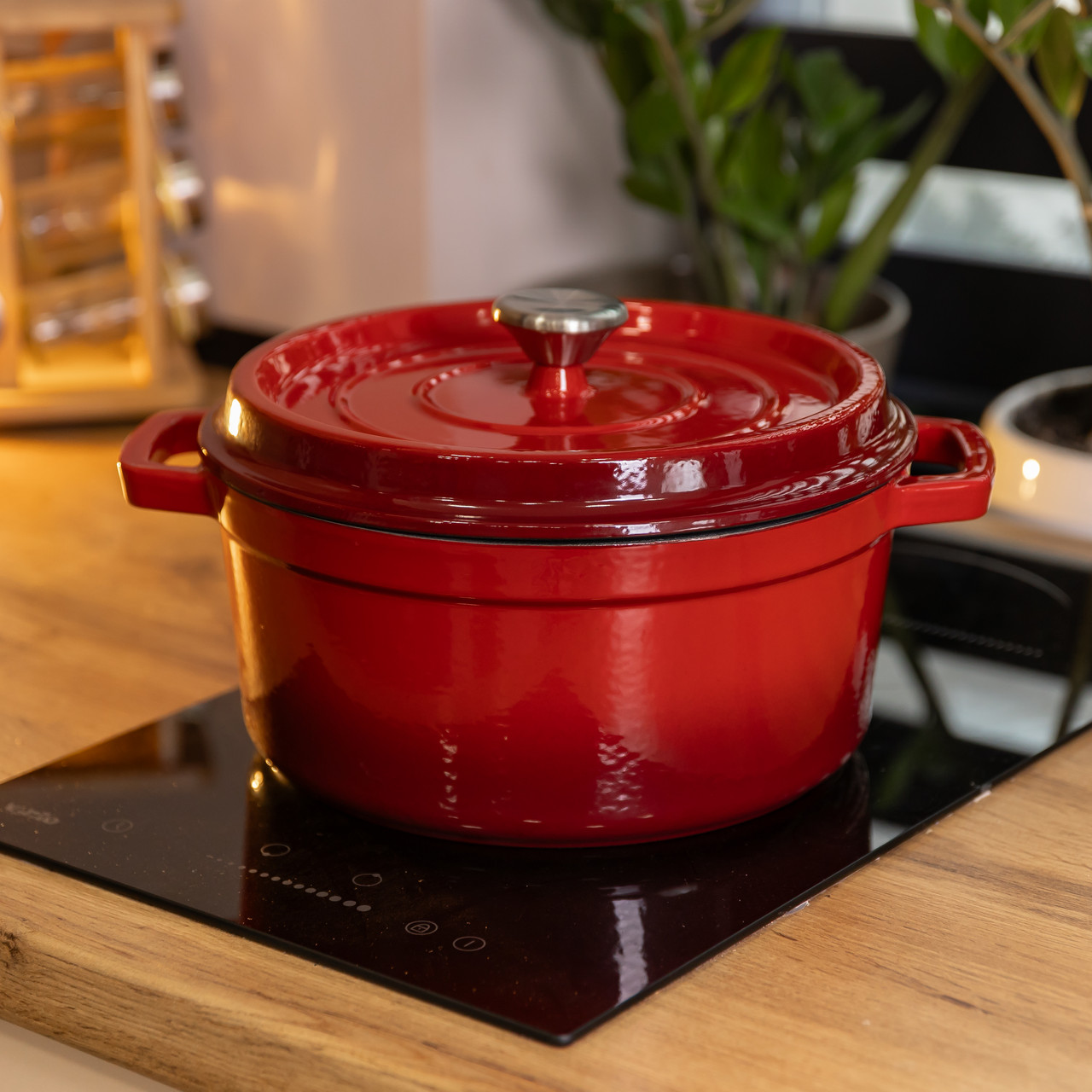 Каструля чавунна 4.5 л емальована з кришкою посуд для тушкування запікання томління кухонна Червона HP-1-19-RED