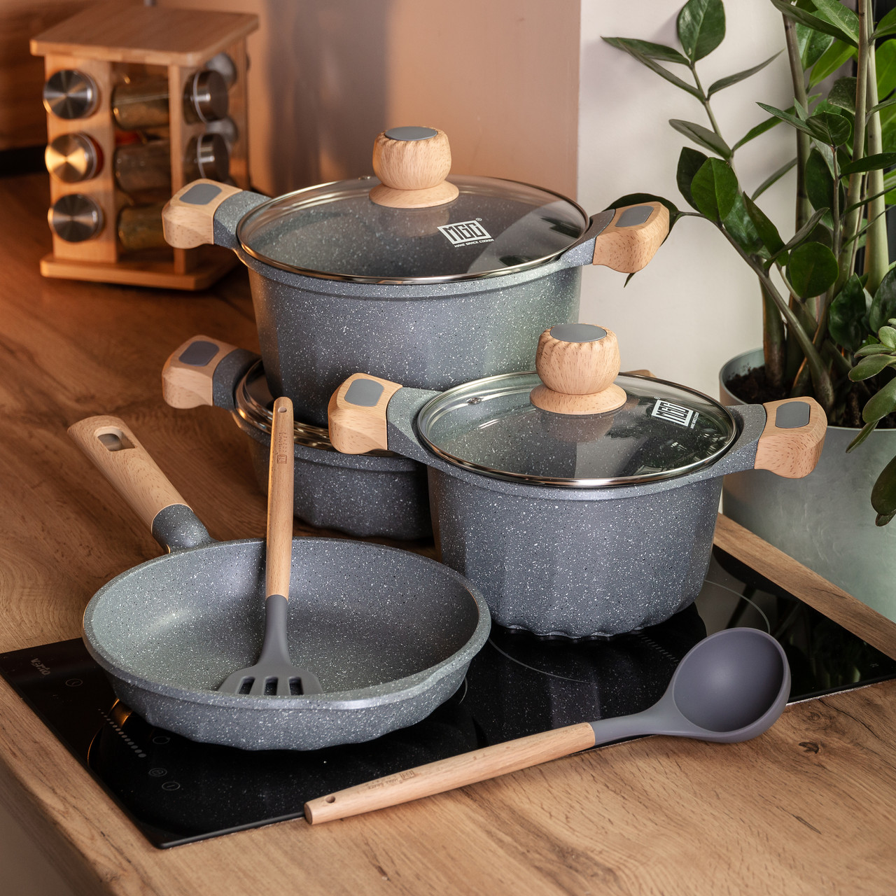 Набір посуду, 3 каструлі, алюмінієва товстодонна каструля MGC з лопаткою та ополоником сірий HP-4-401G