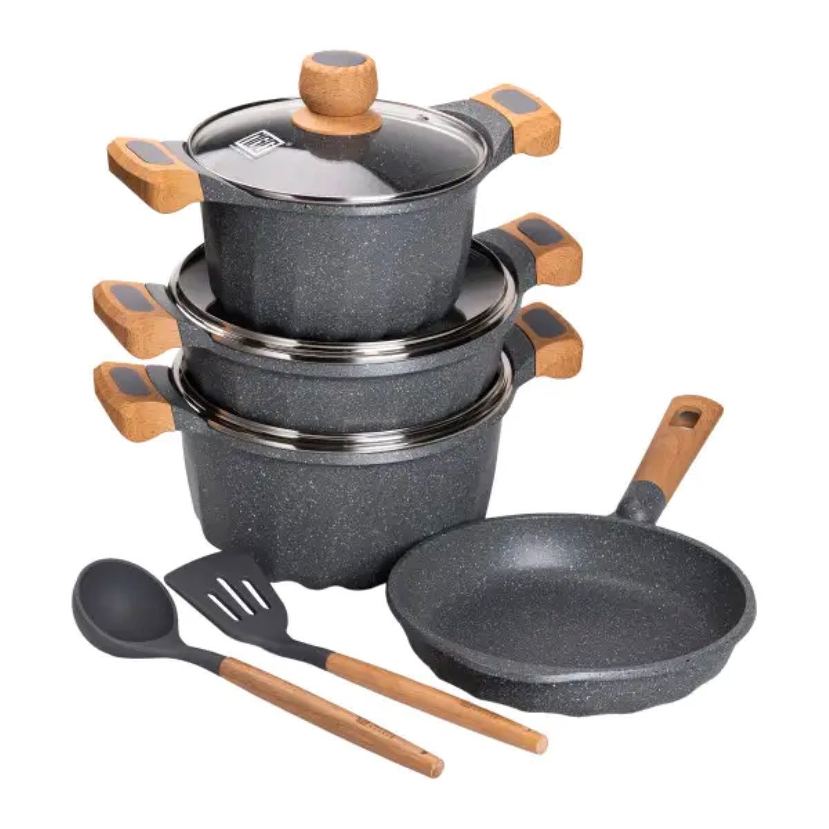 Набір посуду, 3 каструлі, алюмінієва товстодонна каструля MGC з лопаткою та ополоником сірий HP-4-401G