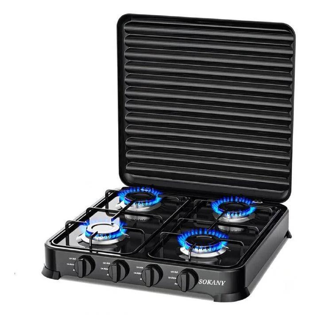 Газова плита настільна Sokany чорна 4 конфорки міні переносна для дачі кемпінгу, портативна газплита туристична SK-6004-Black