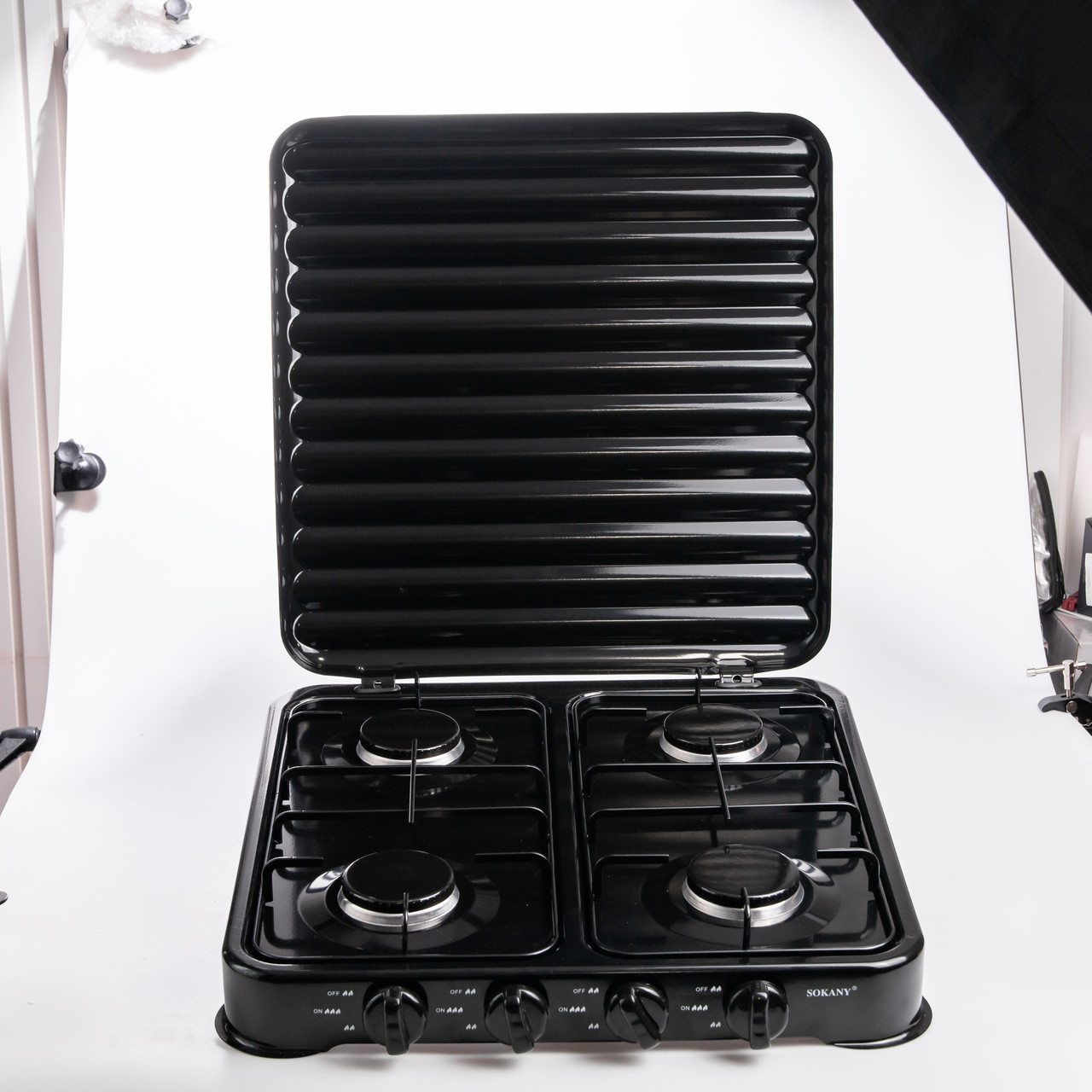 Газова плита настільна Sokany чорна 4 конфорки міні переносна для дачі кемпінгу, портативна газплита туристична SK-6004-Black