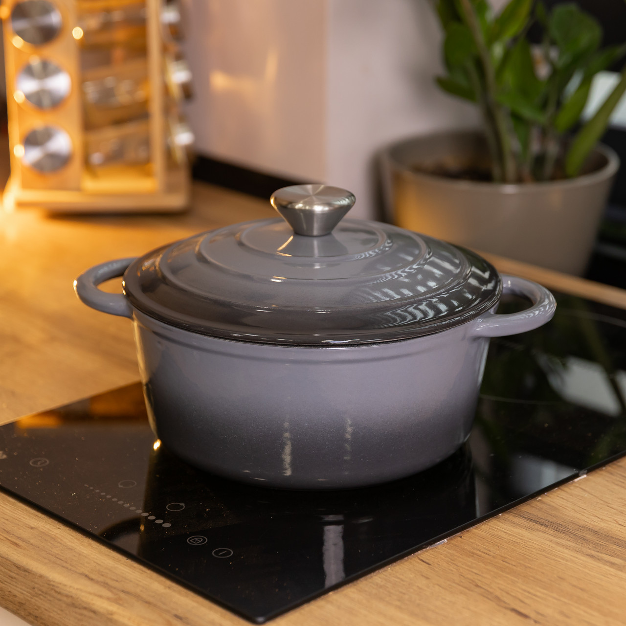 Каструля чавунна 2.5 л емальована з кришкою посуд для тушкування запікання томління кухонна Сіра HP-1-14-GREY