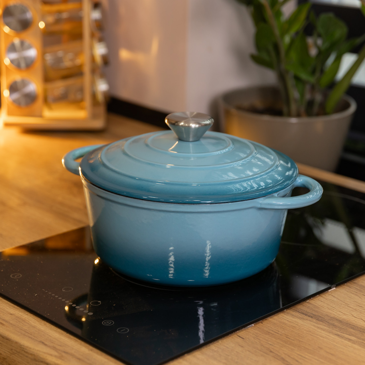 Каструля чавунна 2.5 л емальована з кришкою посуд для тушкування запікання томління кухонна Синя HP-1-14-BLUE