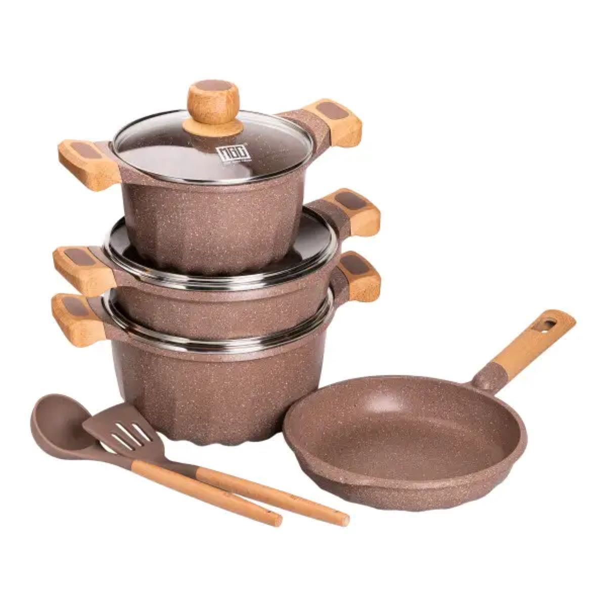 Набір посуду, 3 каструлі, товстодонне алюмінієве дно MGC з лопаткою та ополоником, кавовий HP-4-401CO