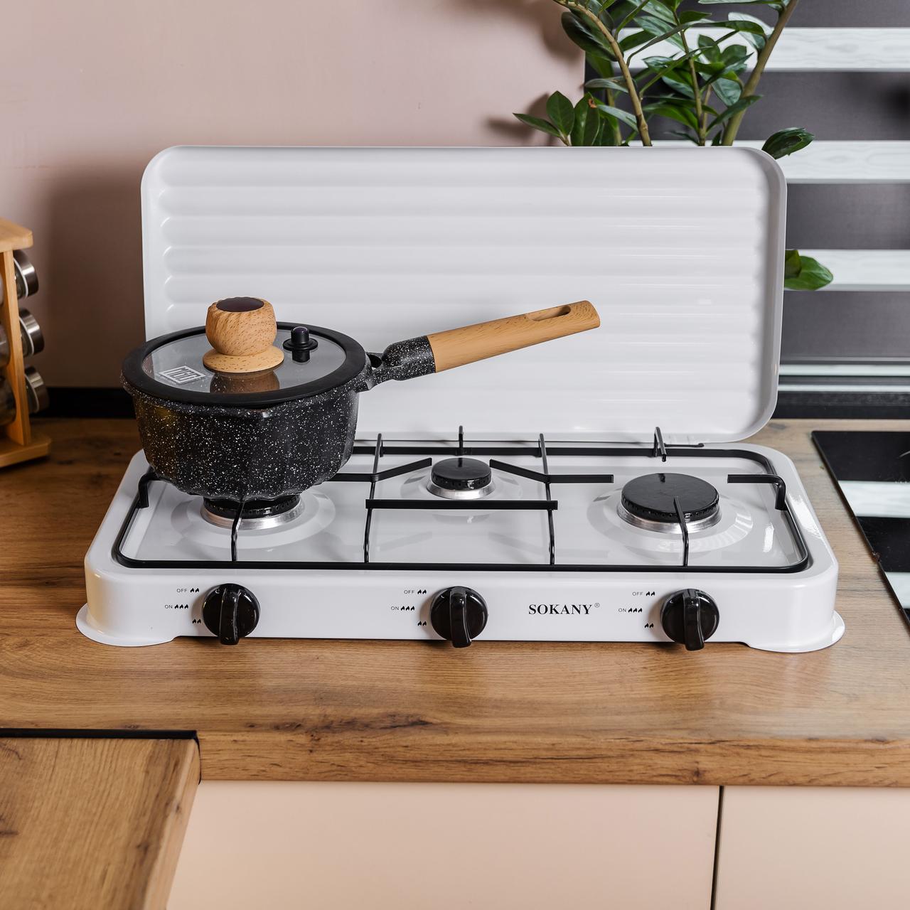Настільна газова плита на 3 конфорки Sokany 5.5 кВт Біла Lugi SK-6003W