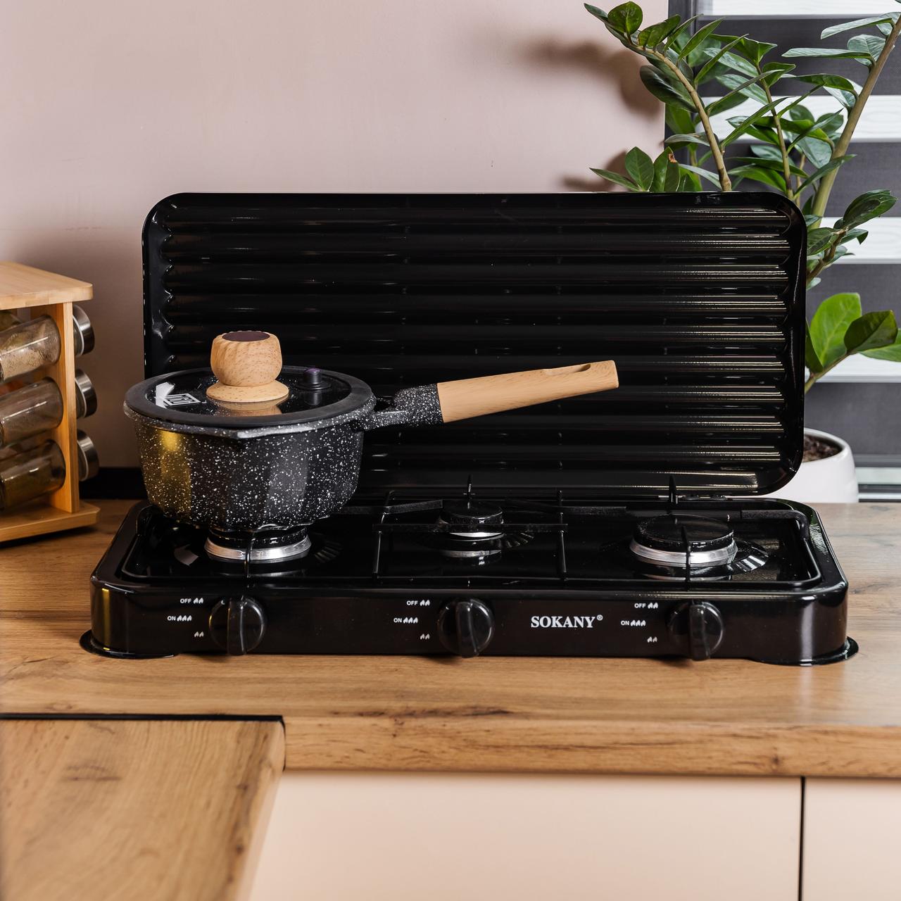 Настільна газова плита на 3 конфорки Sokany 5.5 кВт Чорна Lugi SK-6003B