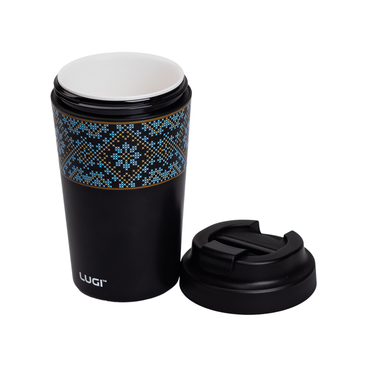 Термочашка Вишиванка з порцелянаовою колбою 380 мл чорна HP-14-50B